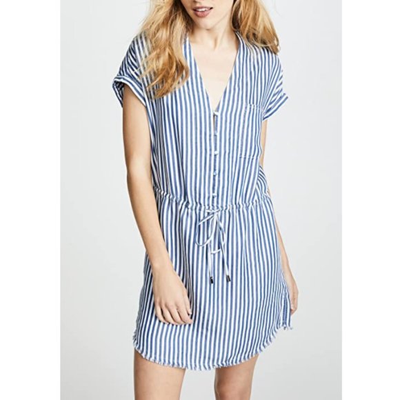 PAIGE Haidee Shift Drawstring Dress in White / Bluebell Stripe S - Picture 2 of 11